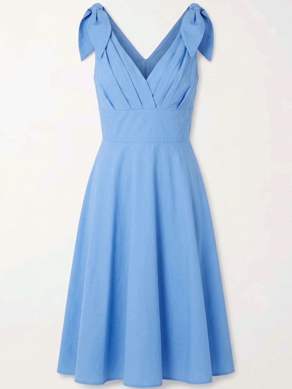 Sky Blue Vintage 1950s Style Bow Shoulder V-Neck Fit and Flare Midi Swing Dress
